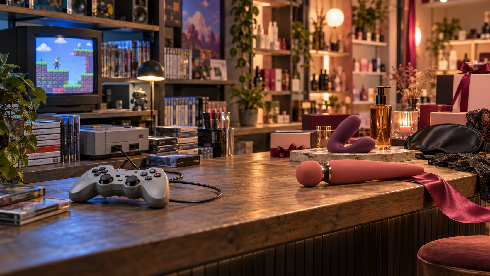 Illustration de notre transition : une boutique de jeux vidéo laisse progressivement place à un love store.