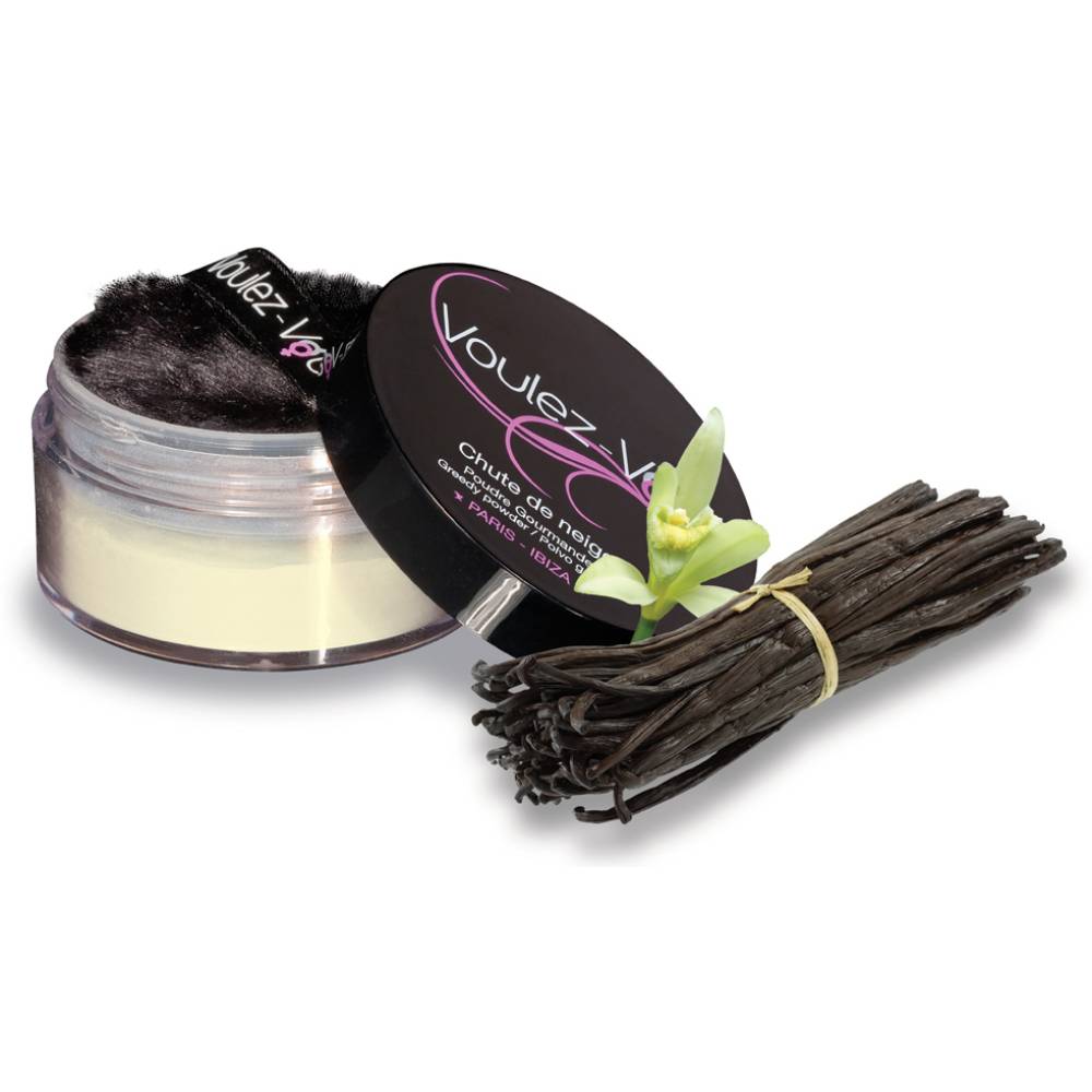 Poudre corporelle comestible Chute de Neige à la vanille avec houpette et paillettes scintillantes