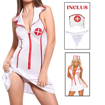 Robe sexy d’infirmière blanche avec zip rouge, coiffe assortie et string inclus – matière extensible moulante
