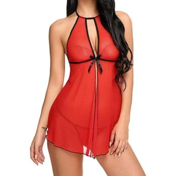 Nuisette babydoll rouge sexy en voile transparent, décolleté goutte et nœud, string assorti inclus.