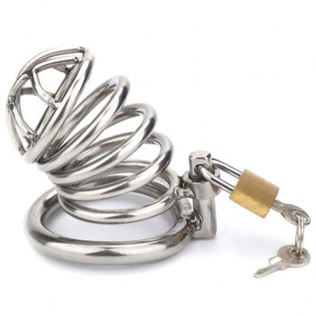 Cage chasteté spirale 4 anneaux acier inoxydable brossé cadenas laiton clés vue ensemble