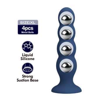 Plug anal boules silicone liquide noir 4 billes acier internes vue de face fond blanc