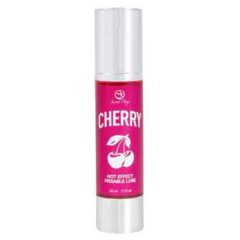 Lubrifiant chauffant cerise comestible Secret Play flacon 50ml vue de face fond blanc