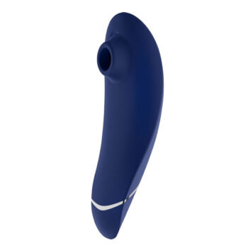 Womanizer Premium 2 bleu 155mm Full Soft Touch vue de profil fond blanc