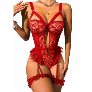 Body dentelle rouge bonnets transparents armaturés bretelles éventail vue de face