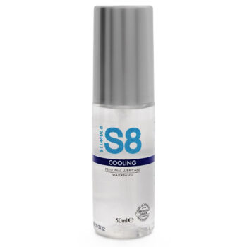 Lubrifiant rafraîchissant base eau Stimul8 S8 flacon pompe 50 ml vue de face fond blanc